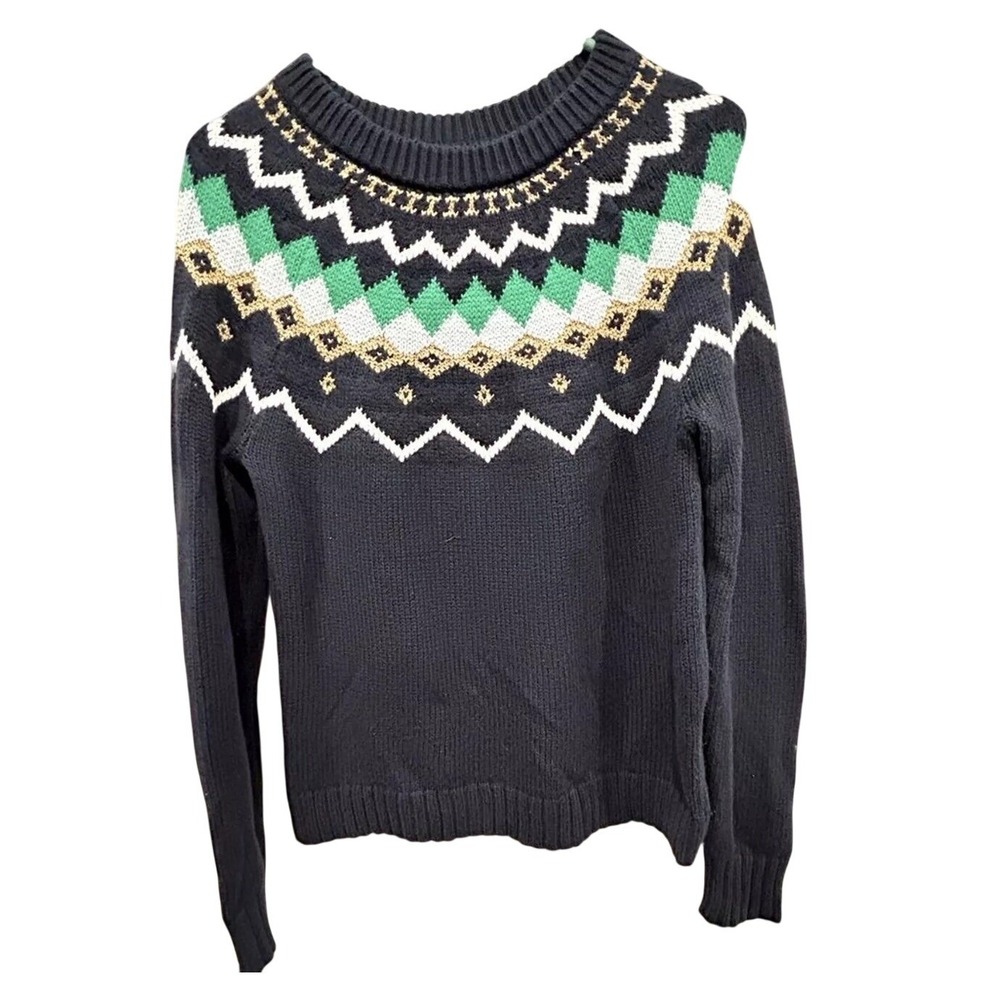 J.Crew Womens Navy Fair Isle Metallic Wool Blend Crewneck Sweater Small Festive
